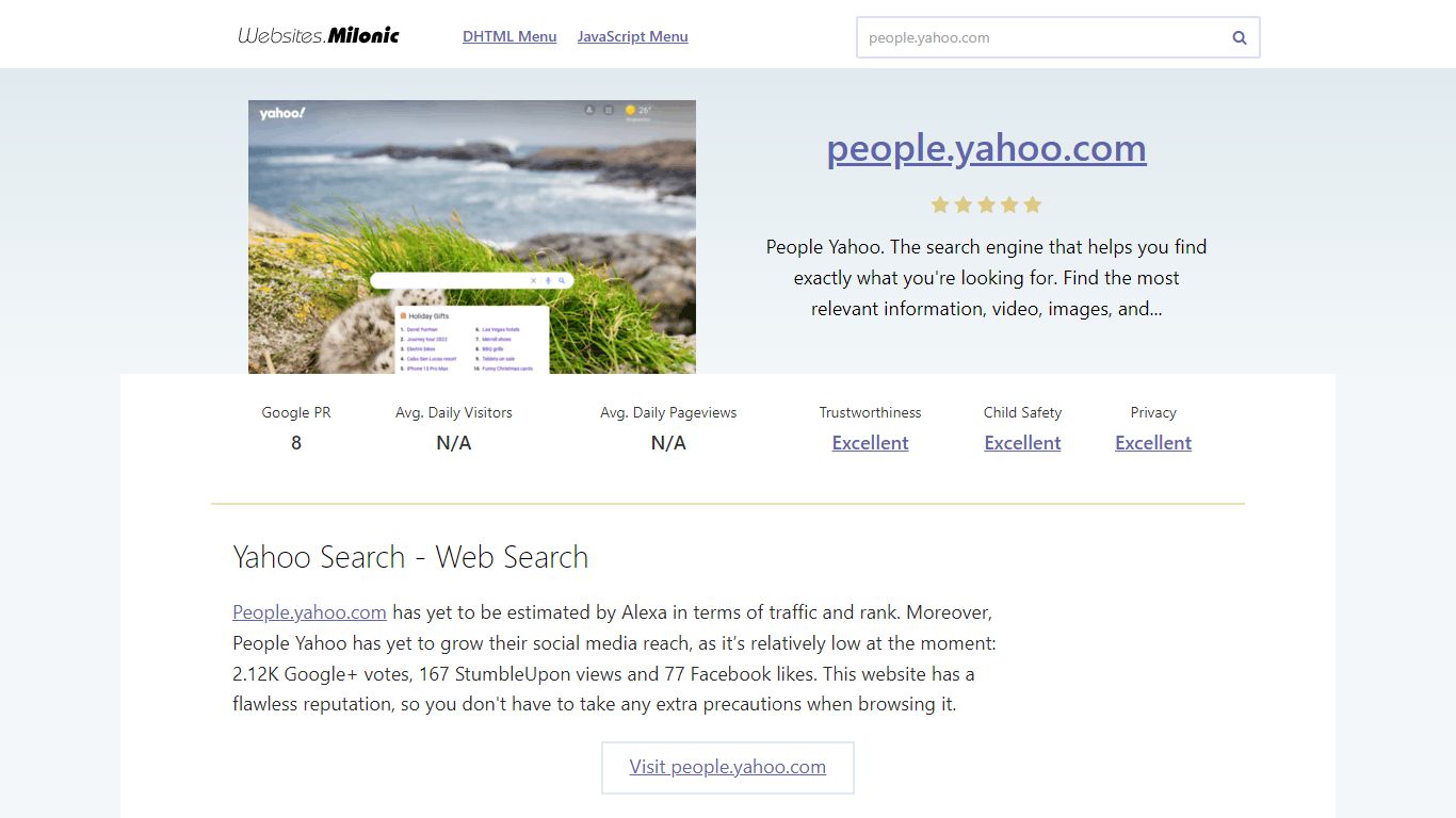 People.yahoo.com website. Yahoo Search - Web Search. - Milonic